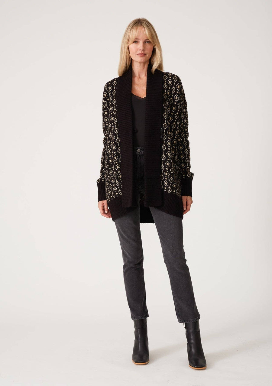 Geo Jacquard Long Sleeve Cardigan: Black/Taupe