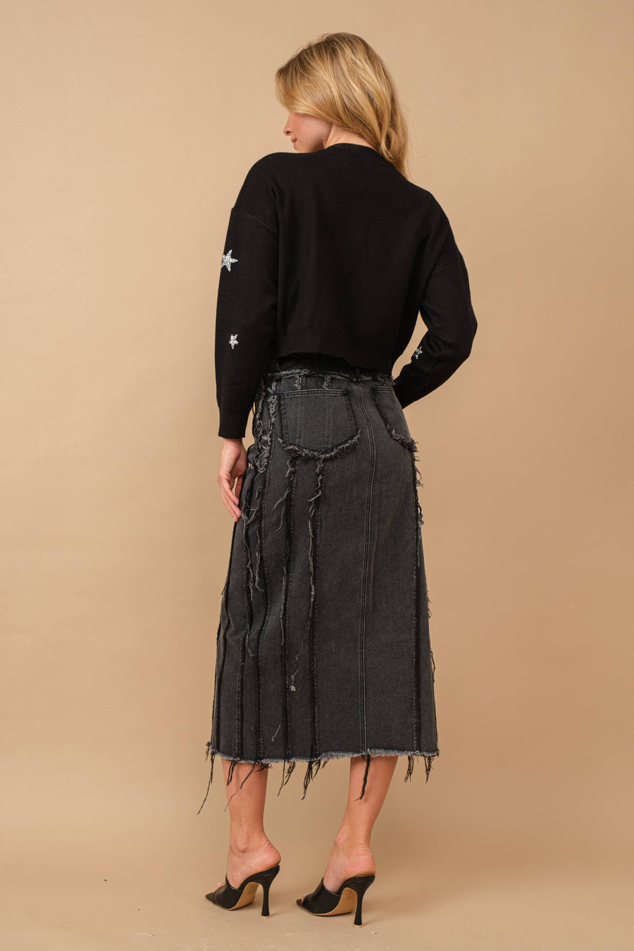 Distressed Seam Slit at Front Maxi Denim Skirt: Light Wash