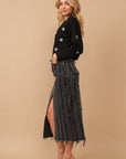 Distressed Seam Slit at Front Maxi Denim Skirt: Light Wash