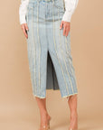 Distressed Seam Slit at Front Maxi Denim Skirt: Light Wash