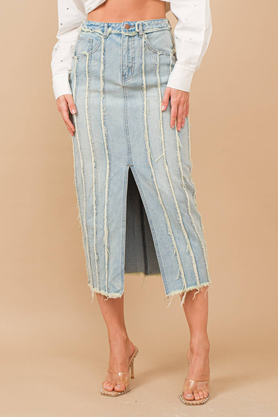 Distressed Seam Slit at Front Maxi Denim Skirt: Light Wash