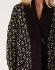 Geo Jacquard Long Sleeve Cardigan: Black/Taupe