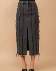 Distressed Seam Slit at Front Maxi Denim Skirt: Light Wash