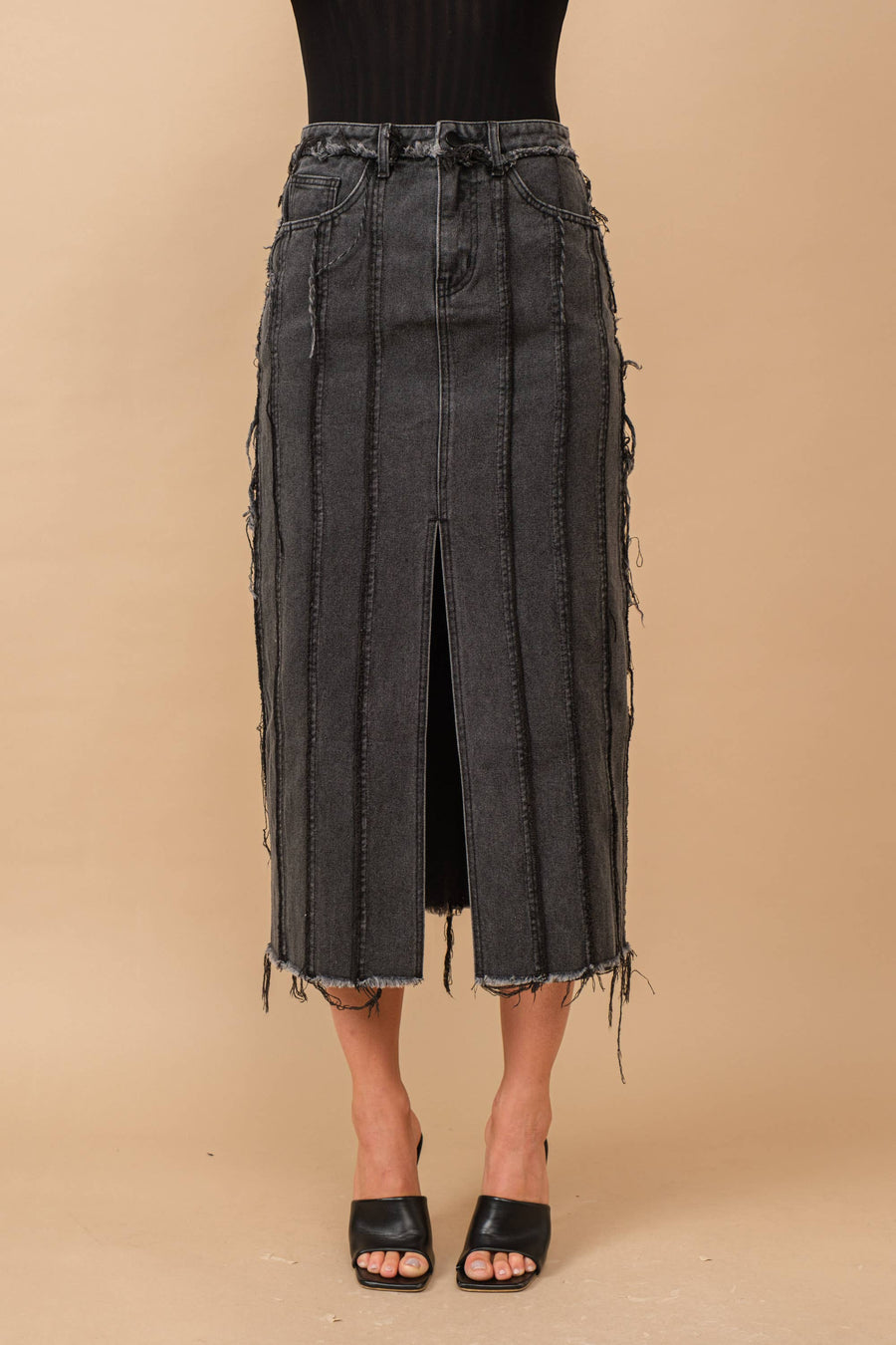 Distressed Seam Slit at Front Maxi Denim Skirt: Light Wash