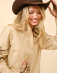 Western Cowgirl Motif Button Up Linen Shirt Blouse