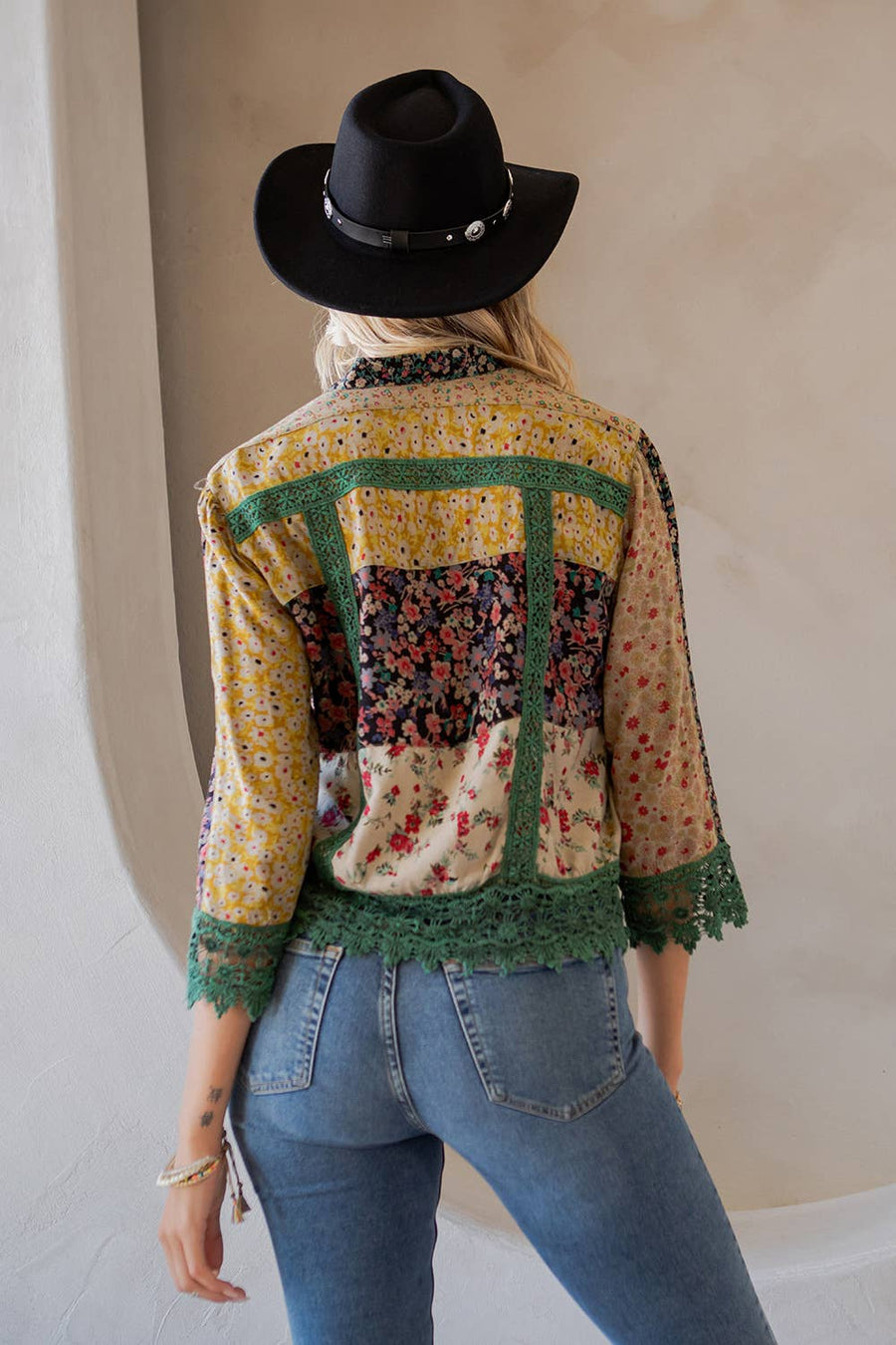 Earthy Boho : Lace Detailed Button Down Cropped Shirt