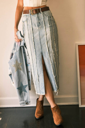 Distressed Seam Slit at Front Maxi Denim Skirt: Light Wash