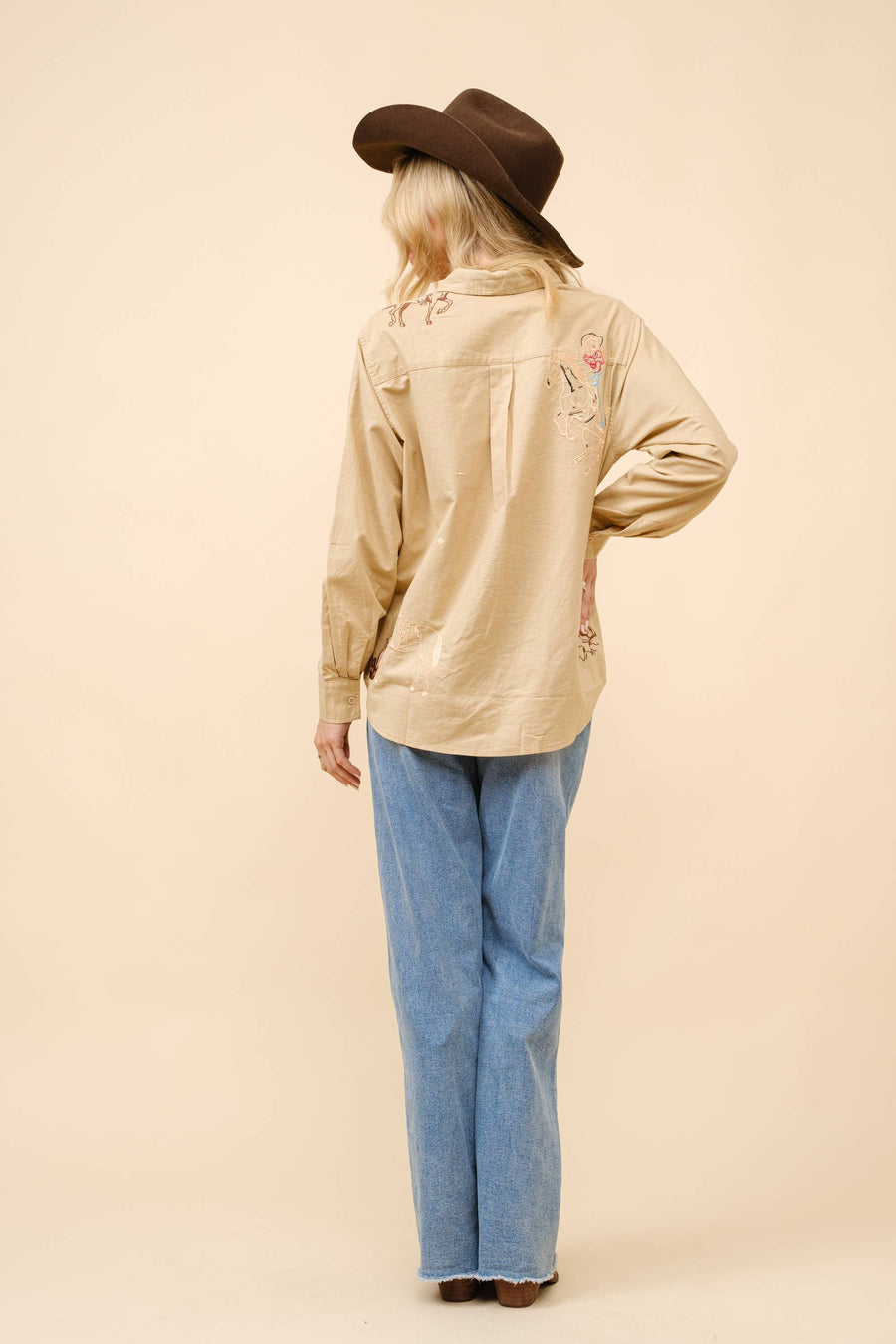 Western Cowgirl Motif Button Up Linen Shirt Blouse