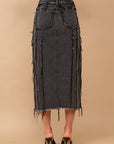 Distressed Seam Slit at Front Maxi Denim Skirt: Light Wash