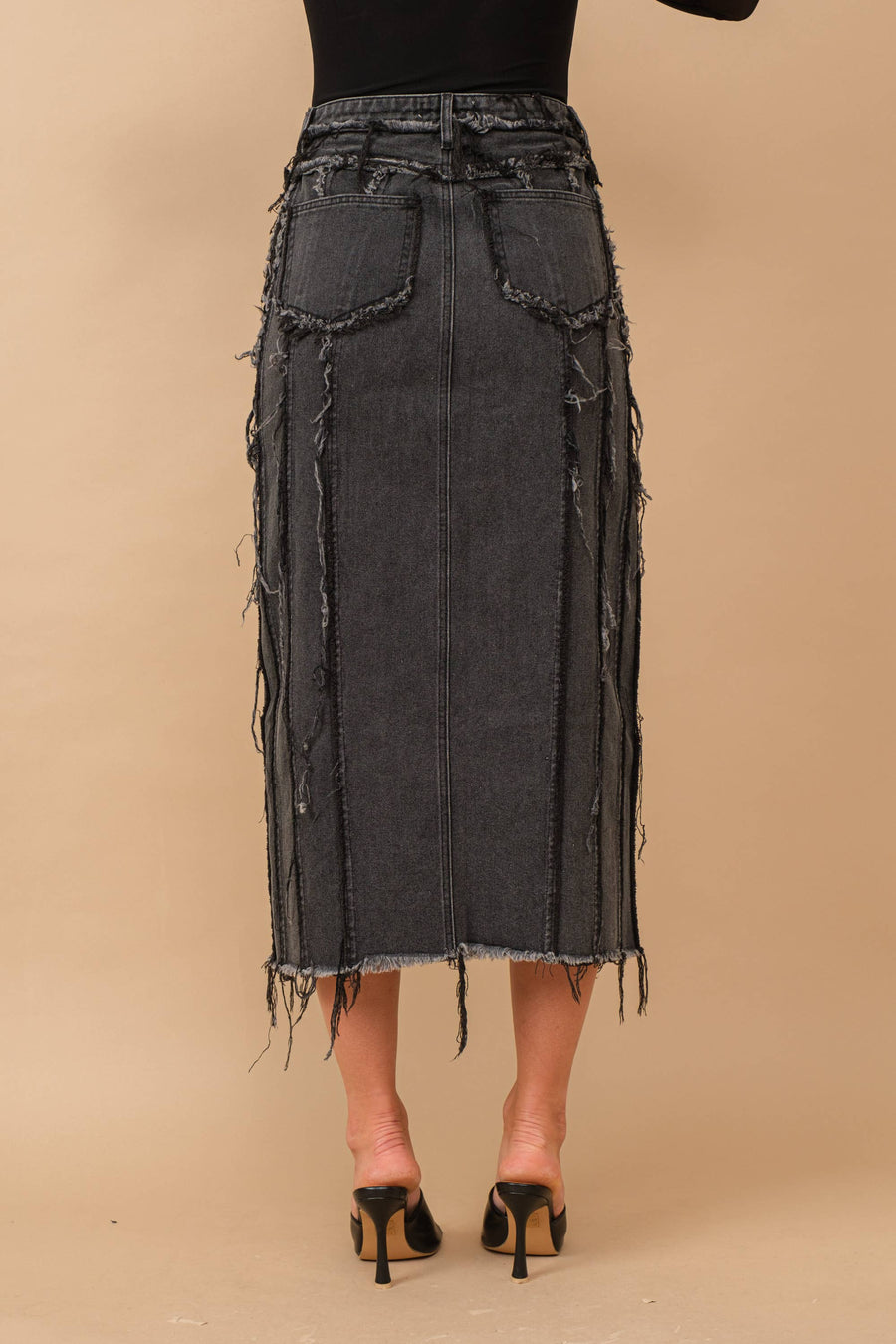 Distressed Seam Slit at Front Maxi Denim Skirt: Light Wash