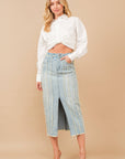 Distressed Seam Slit at Front Maxi Denim Skirt: Light Wash