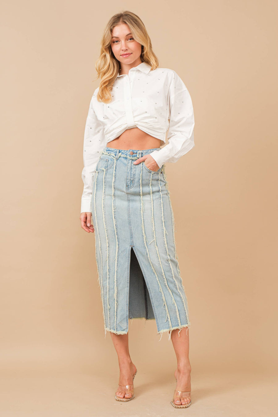 Distressed Seam Slit at Front Maxi Denim Skirt: Light Wash