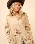 Western Cowgirl Motif Button Up Linen Shirt Blouse