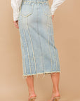 Distressed Seam Slit at Front Maxi Denim Skirt: Light Wash