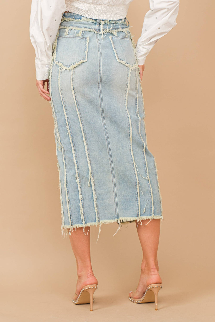 Distressed Seam Slit at Front Maxi Denim Skirt: Light Wash