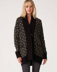 Geo Jacquard Long Sleeve Cardigan: Black/Taupe