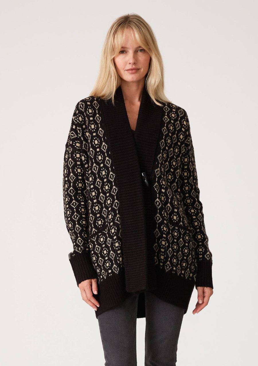 Geo Jacquard Long Sleeve Cardigan: Black/Taupe