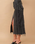 Distressed Seam Slit at Front Maxi Denim Skirt: Light Wash