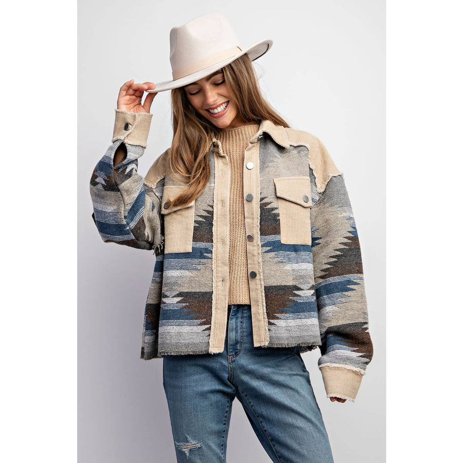 TRIBAL AZTEC PATTERN COLOR BLOCK BUTTON DOWN SHIRT JACKET