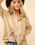 Western Cowgirl Motif Button Up Linen Shirt Blouse