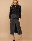 Distressed Seam Slit at Front Maxi Denim Skirt: Light Wash