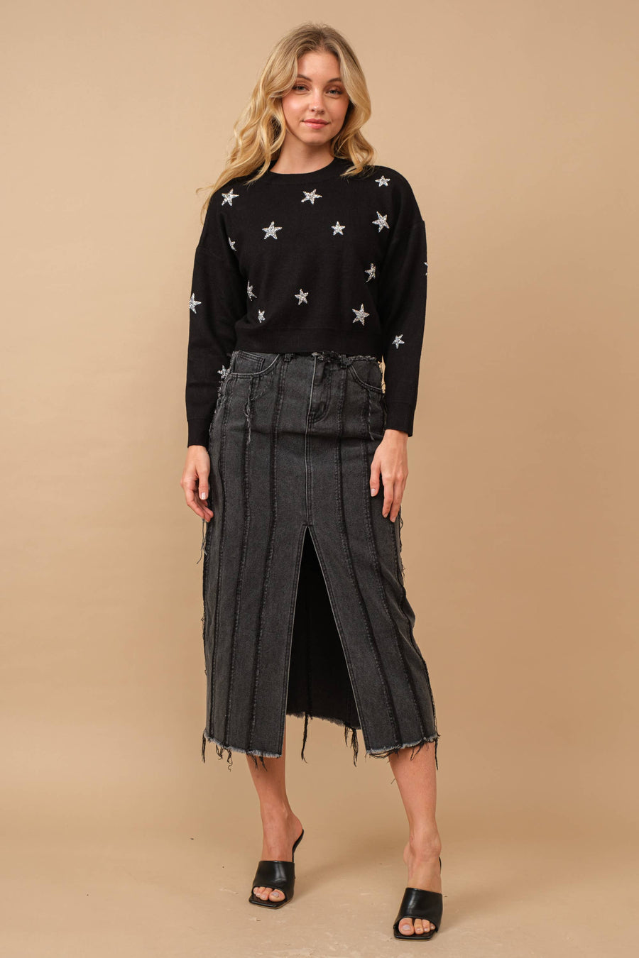 Distressed Seam Slit at Front Maxi Denim Skirt: Light Wash