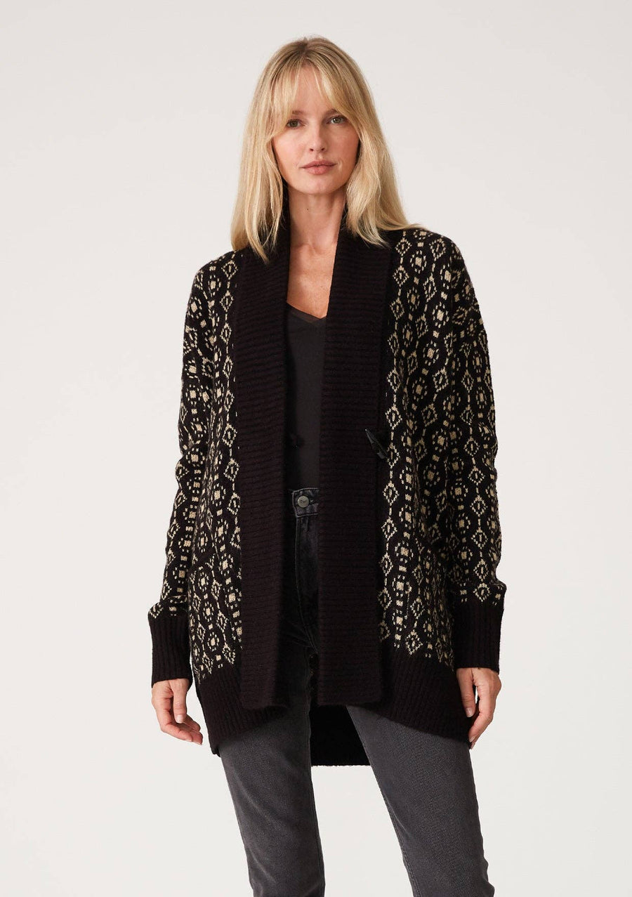 Geo Jacquard Long Sleeve Cardigan: Black/Taupe