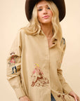 Western Cowgirl Motif Button Up Linen Shirt Blouse