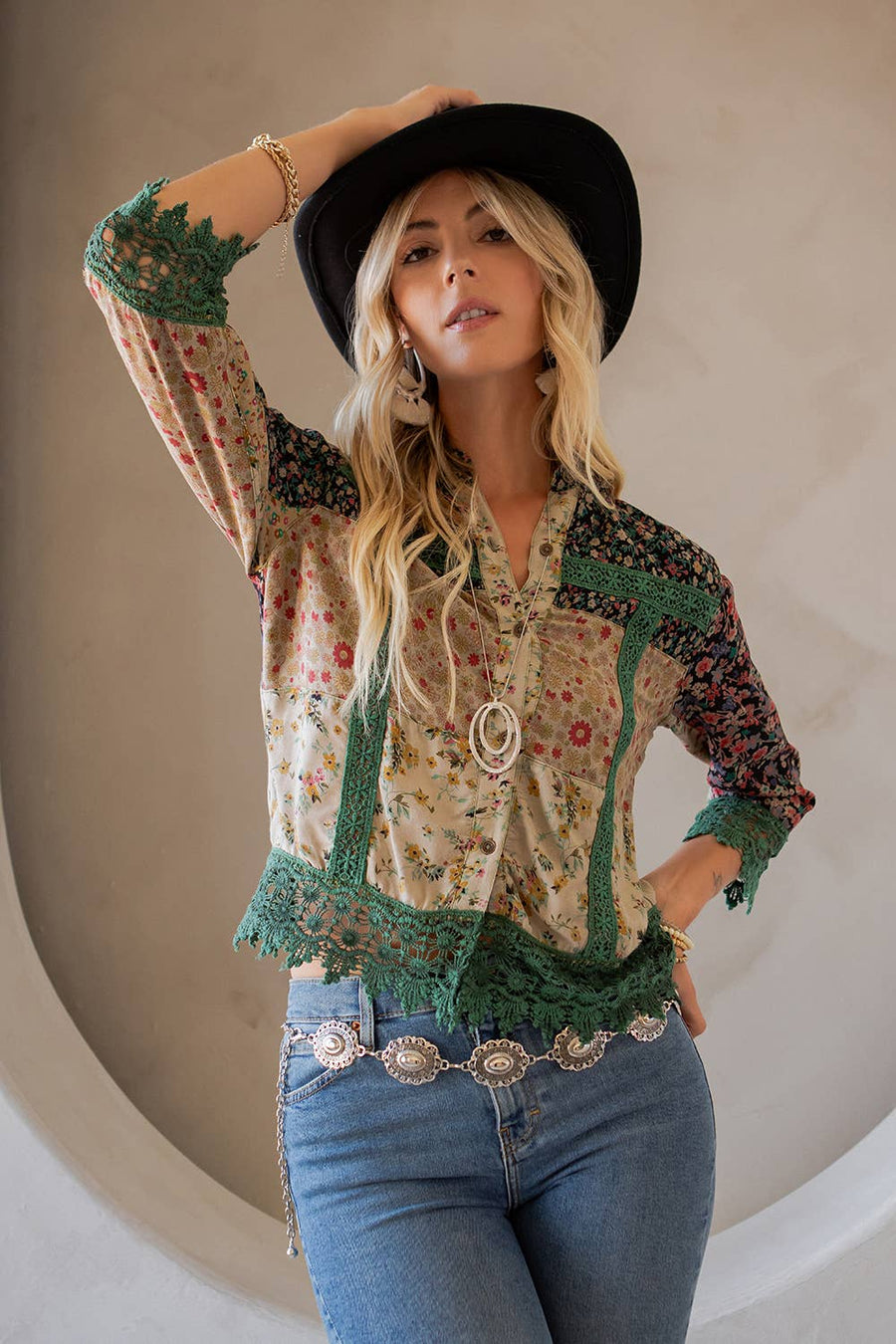 Earthy Boho : Lace Detailed Button Down Cropped Shirt