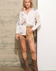 Western Cowgirl Motif Button Up Linen Shirt Blouse