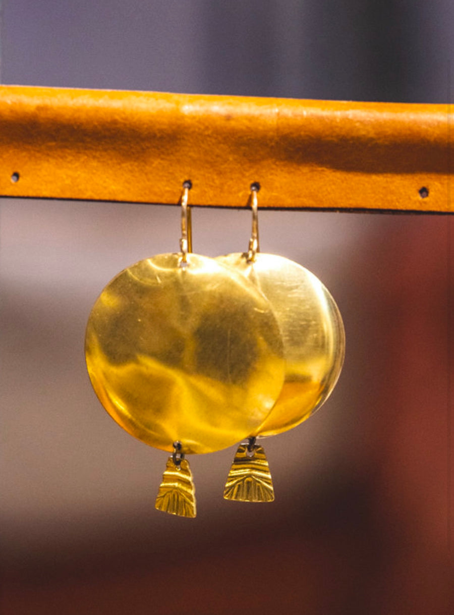 Domed Brass Earrings with Charm Drop