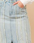 Distressed Seam Slit at Front Maxi Denim Skirt: Light Wash