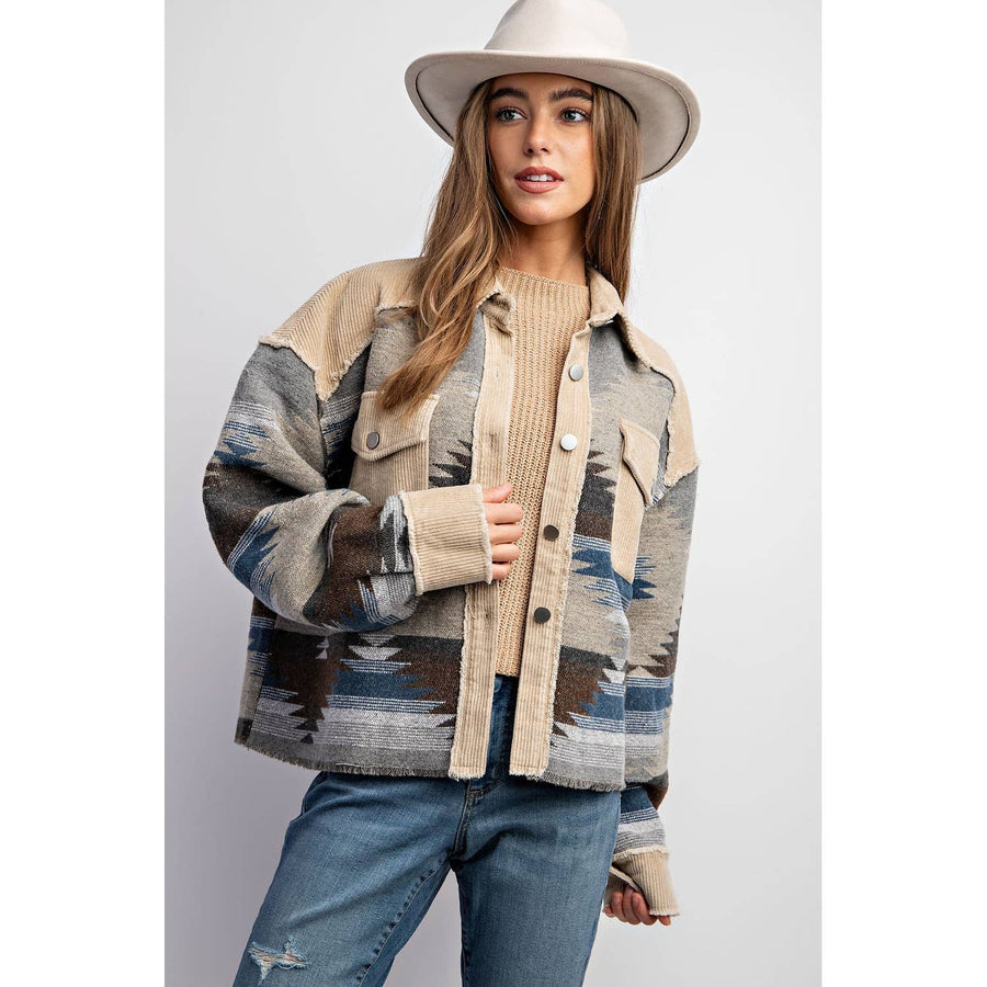 TRIBAL AZTEC PATTERN COLOR BLOCK BUTTON DOWN SHIRT JACKET