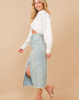 Distressed Seam Slit at Front Maxi Denim Skirt: Light Wash