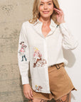 Western Cowgirl Motif Button Up Linen Shirt Blouse