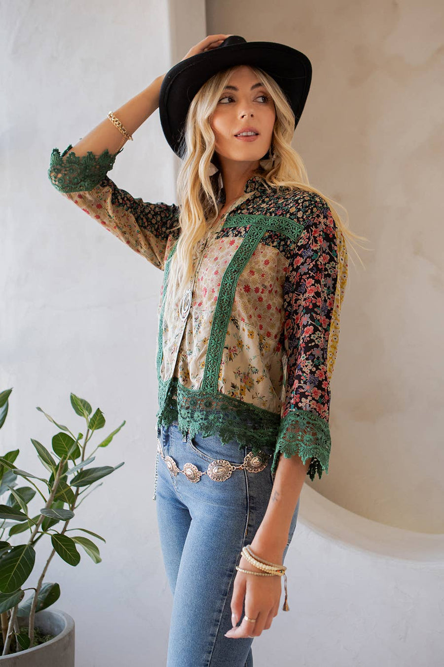 Earthy Boho : Lace Detailed Button Down Cropped Shirt