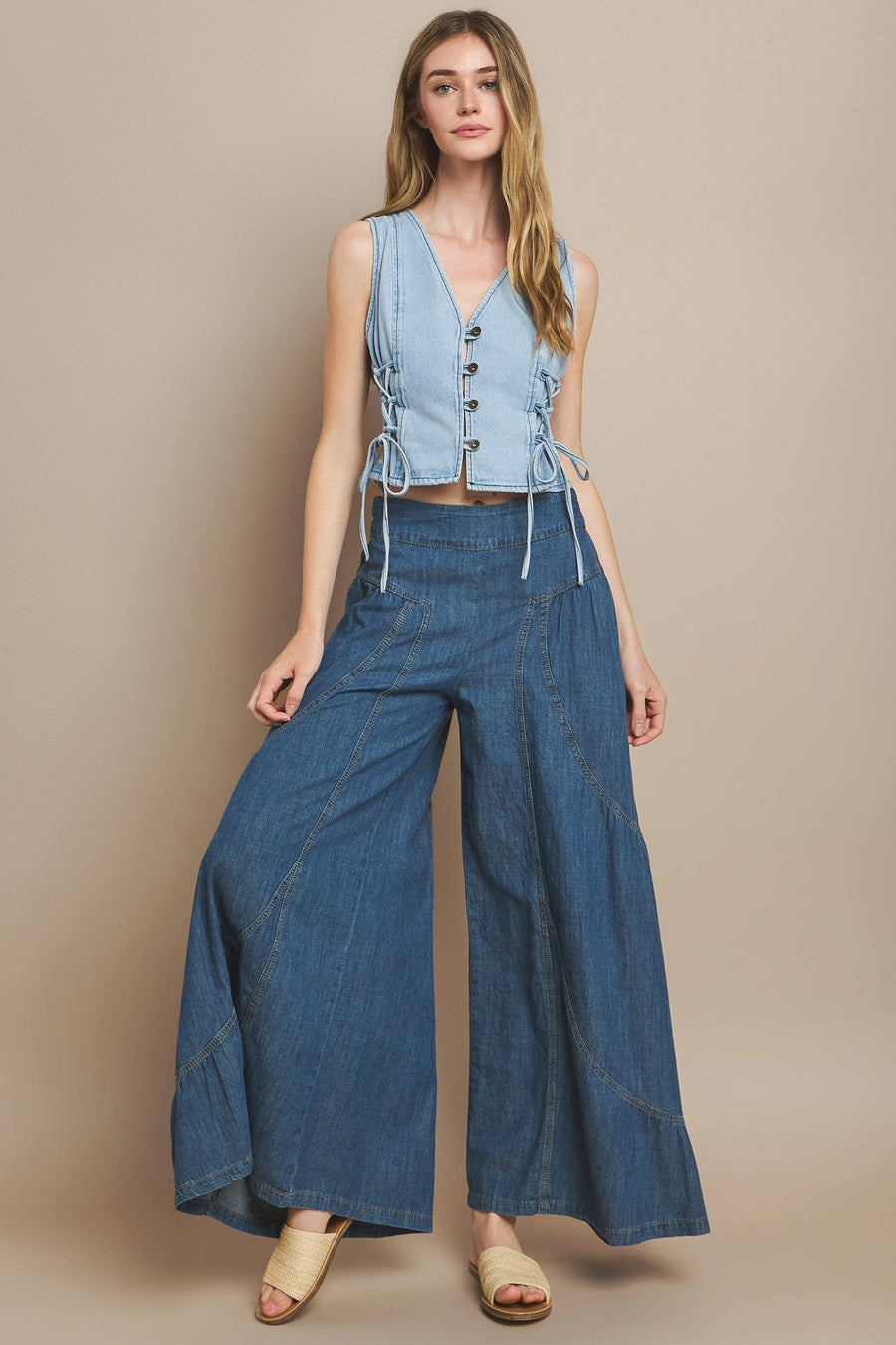 BOHO WIDE LEG DENIM TIERED PALAZZO PANTS