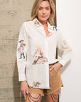 Western Cowgirl Motif Button Up Linen Shirt Blouse