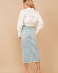 Distressed Seam Slit at Front Maxi Denim Skirt: Light Wash