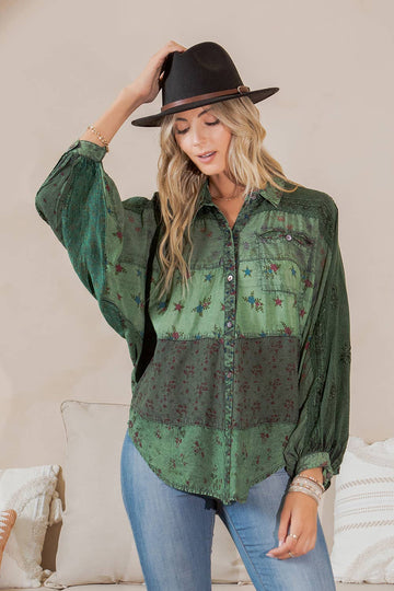 Women’s Mix Media Top - Printed Patchwork Design: Basil