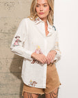 Western Cowgirl Motif Button Up Linen Shirt Blouse