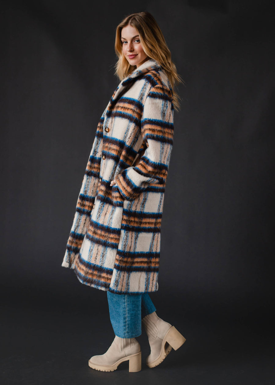 Cream, Rust & Blue Plaid Coat