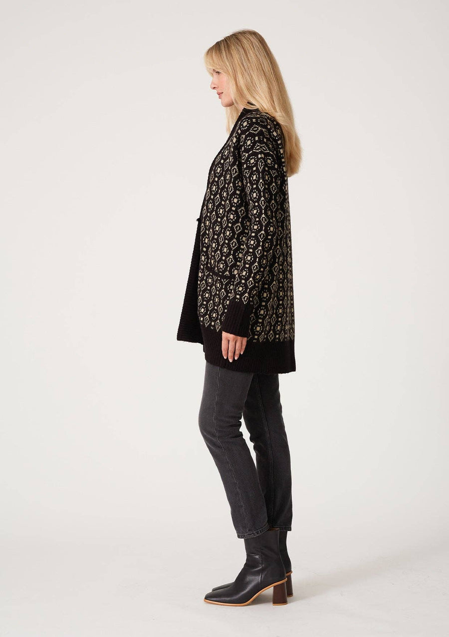 Geo Jacquard Long Sleeve Cardigan: Black/Taupe