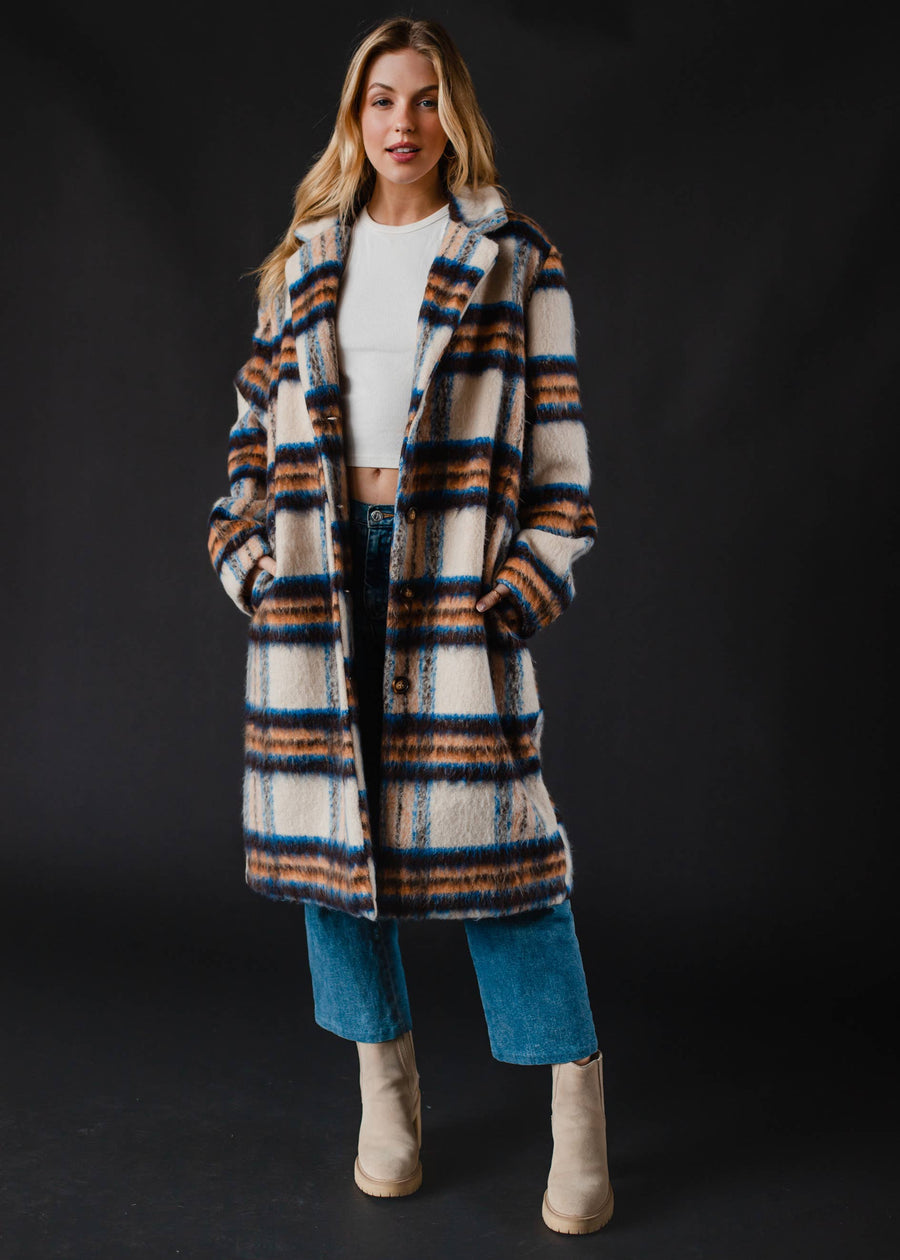 Cream, Rust & Blue Plaid Coat