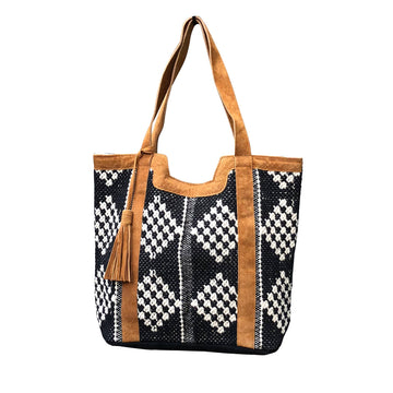 Leather Trimmed Diamond Tote Black and White
